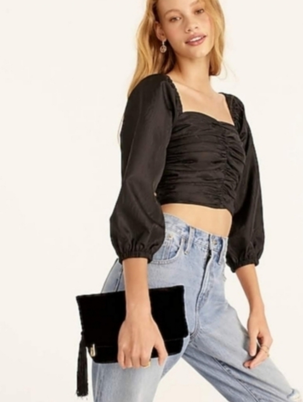 J. Crew Black Velvet Clutch with Tassel